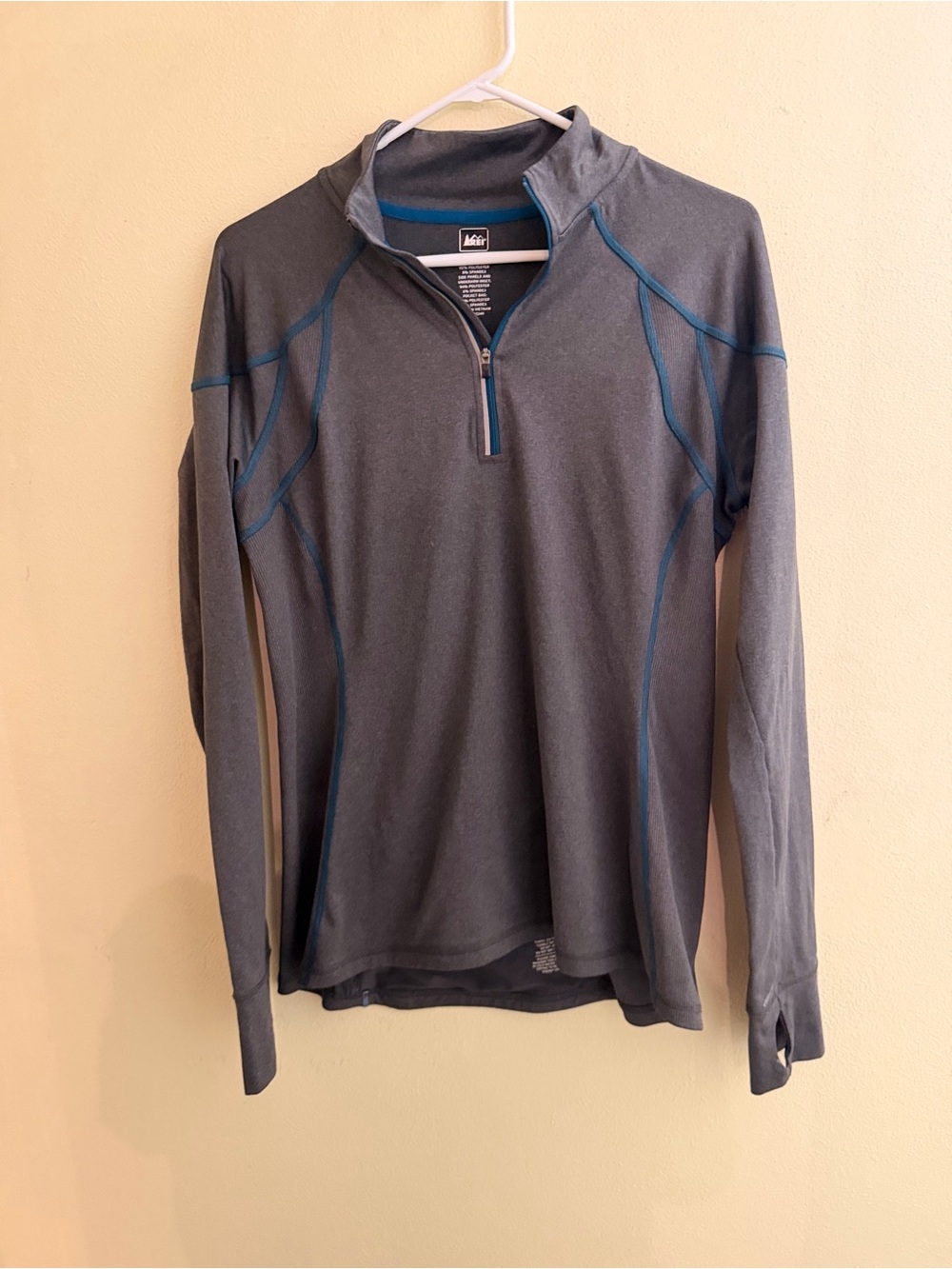 REI Co-op Women’s Gray 1/4 Zip Running Shirt Long Sleeve Thumbholes Zip Pocket